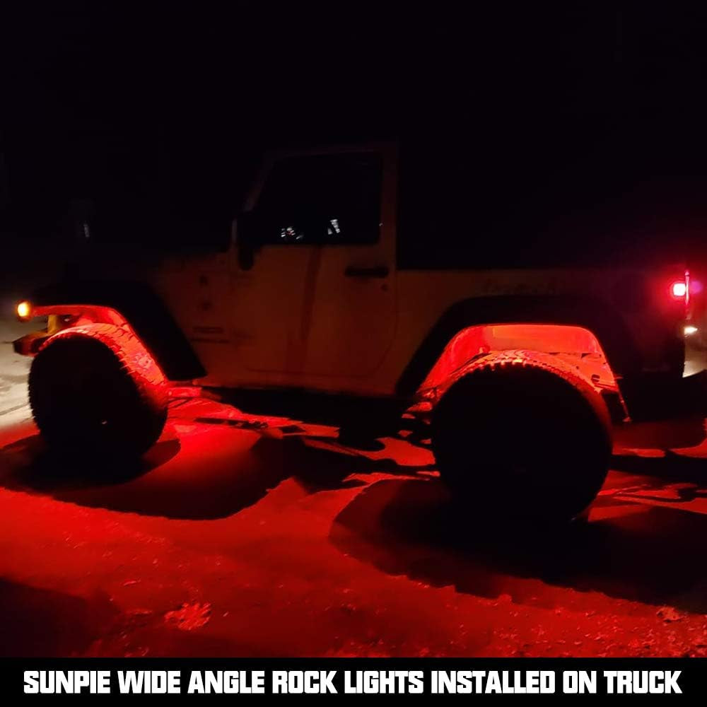 4 Pods Upgraded 210 Degrees Wide Angle RGBW Rock Lights App/Voice Mode Music Mode Automatic Control Neon Light Kit Wheel Well Lights for off Road Truck SUV ATV UTV Boats