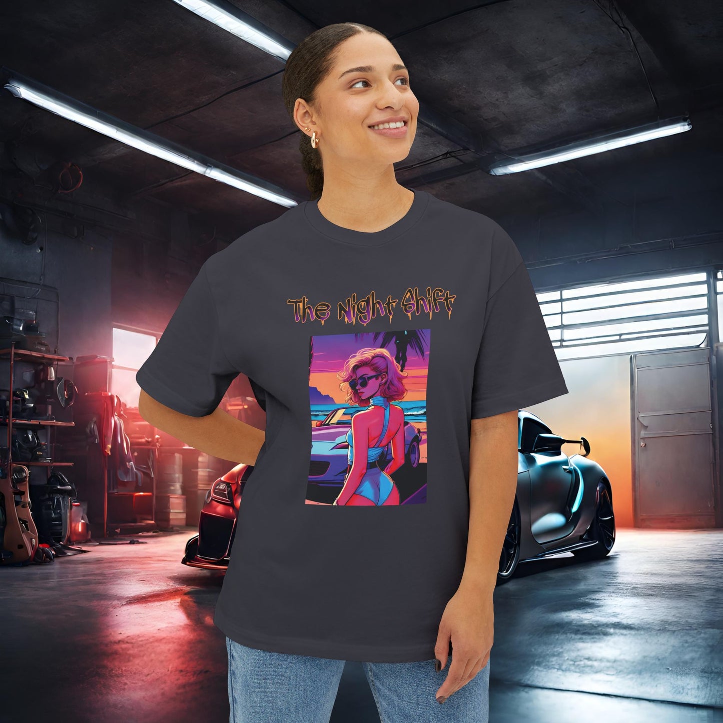 Miata Beach Days Synthwave-Premium, Ultra Soft Unisex Oversized Boxy Tee