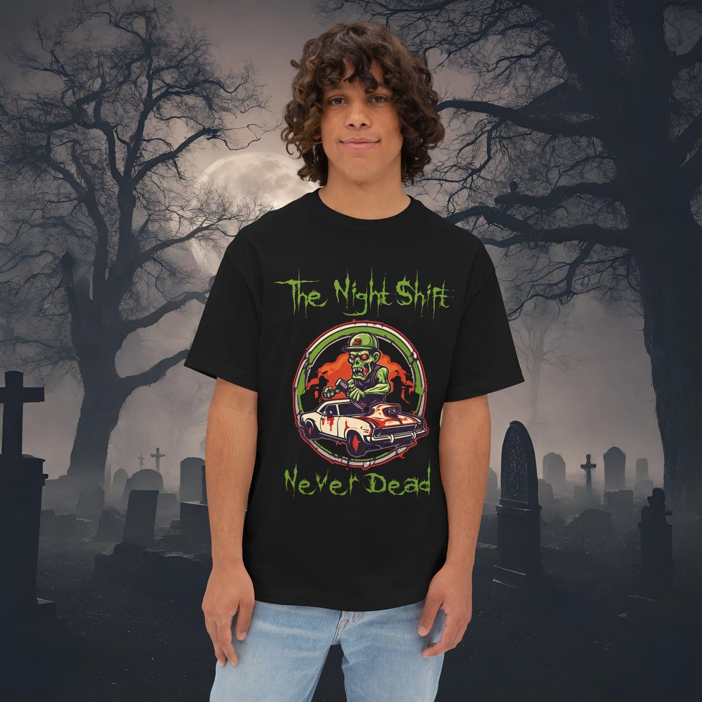 Never Dead Zombie Muscle Car-Premium, Ultra Soft Unisex Oversized Boxy Tee