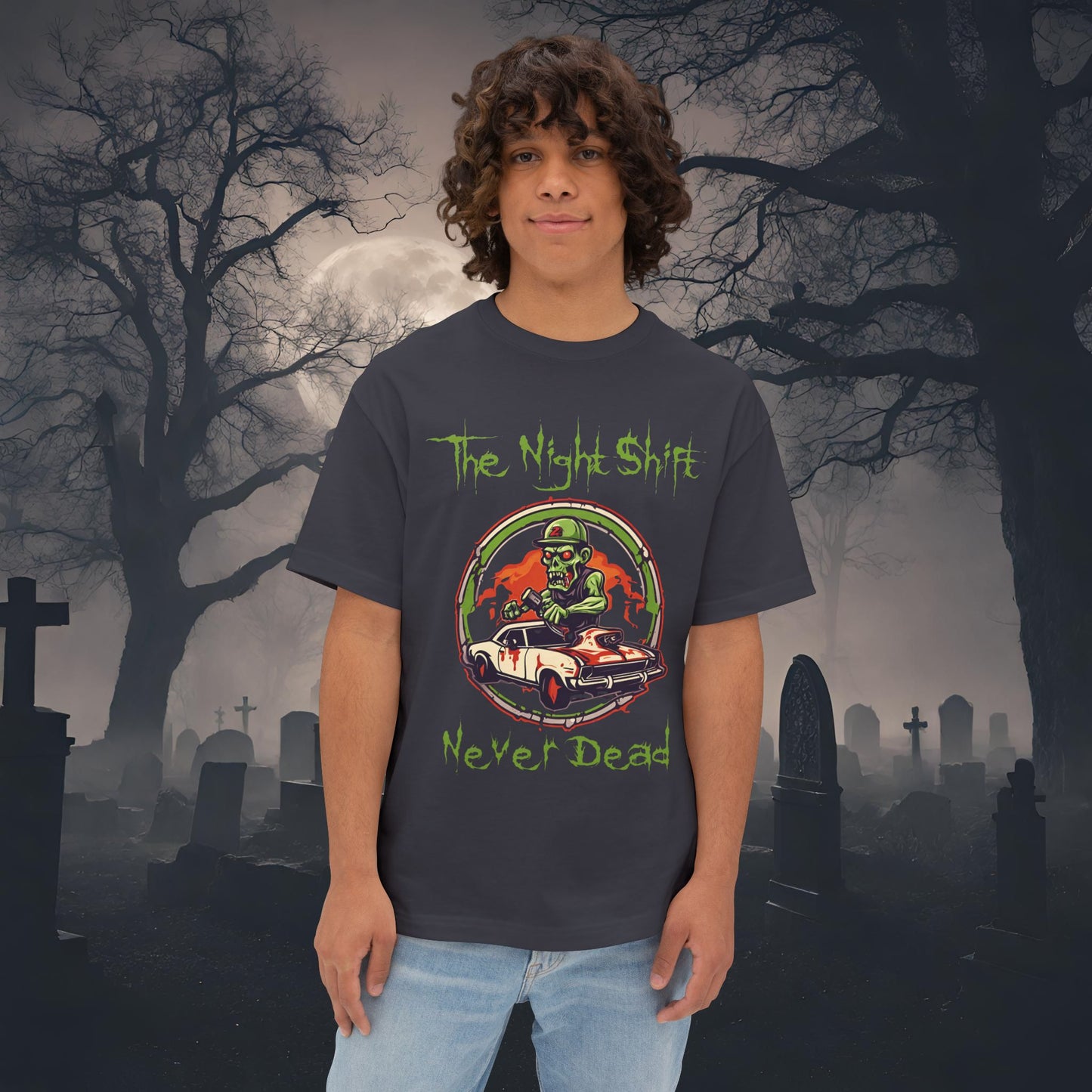 Never Dead Zombie Muscle Car-Premium, Ultra Soft Unisex Oversized Boxy Tee