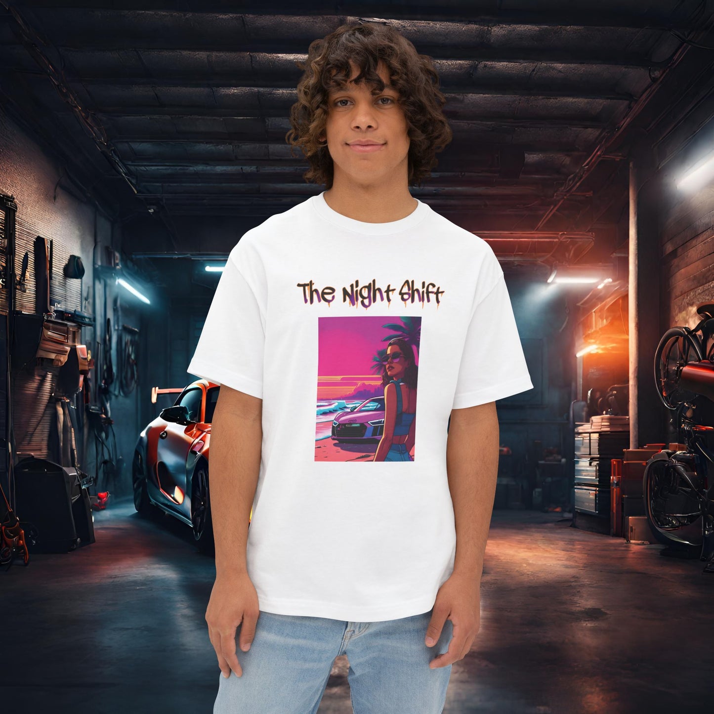 Audi R8 Beach Cruise Synthwave-Premium, Ultra Soft Unisex Oversized Boxy Tee