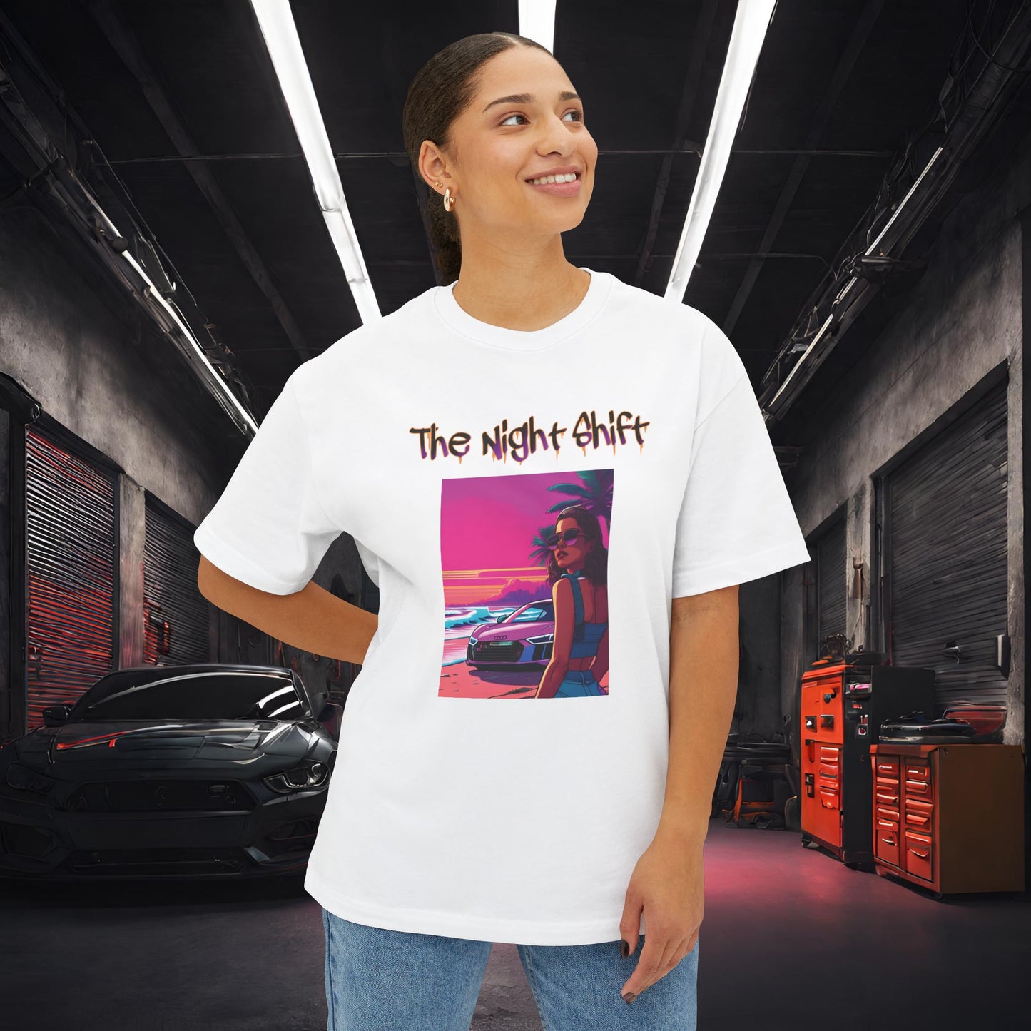 Audi R8 Beach Cruise Synthwave-Premium, Ultra Soft Unisex Oversized Boxy Tee