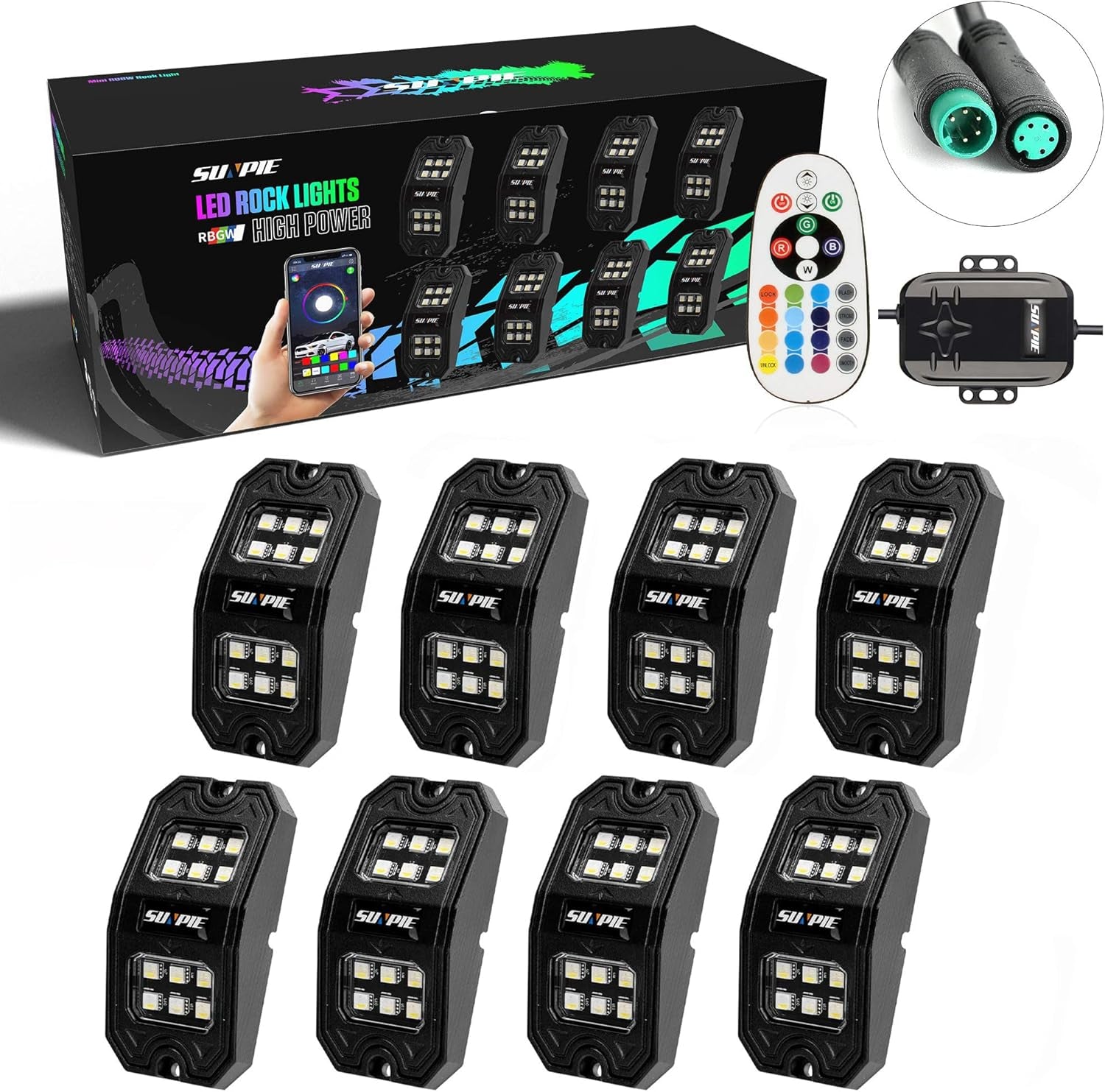 4 Pods Upgraded 210 Degrees Wide Angle RGBW Rock Lights App/Voice Mode Music Mode Automatic Control Neon Light Kit Wheel Well Lights for off Road Truck SUV ATV UTV Boats