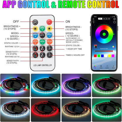 Car Underglow LED Lights,4 Pcs Dream Color Chasing Strip Lights with Wireless APP & Remote Control,Exterior Car Neon Accent Lights Kit with 16 Million Colors Sync to Music,Dc12 for Cars, Trucks, Boats