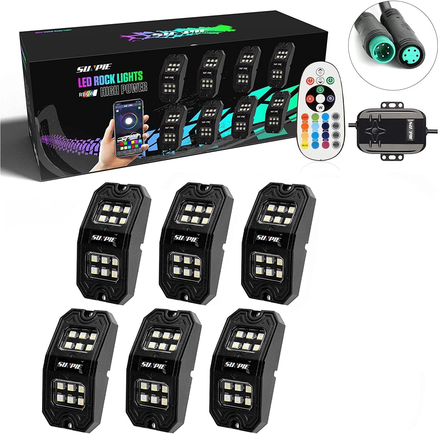 4 Pods Upgraded 210 Degrees Wide Angle RGBW Rock Lights App/Voice Mode Music Mode Automatic Control Neon Light Kit Wheel Well Lights for off Road Truck SUV ATV UTV Boats