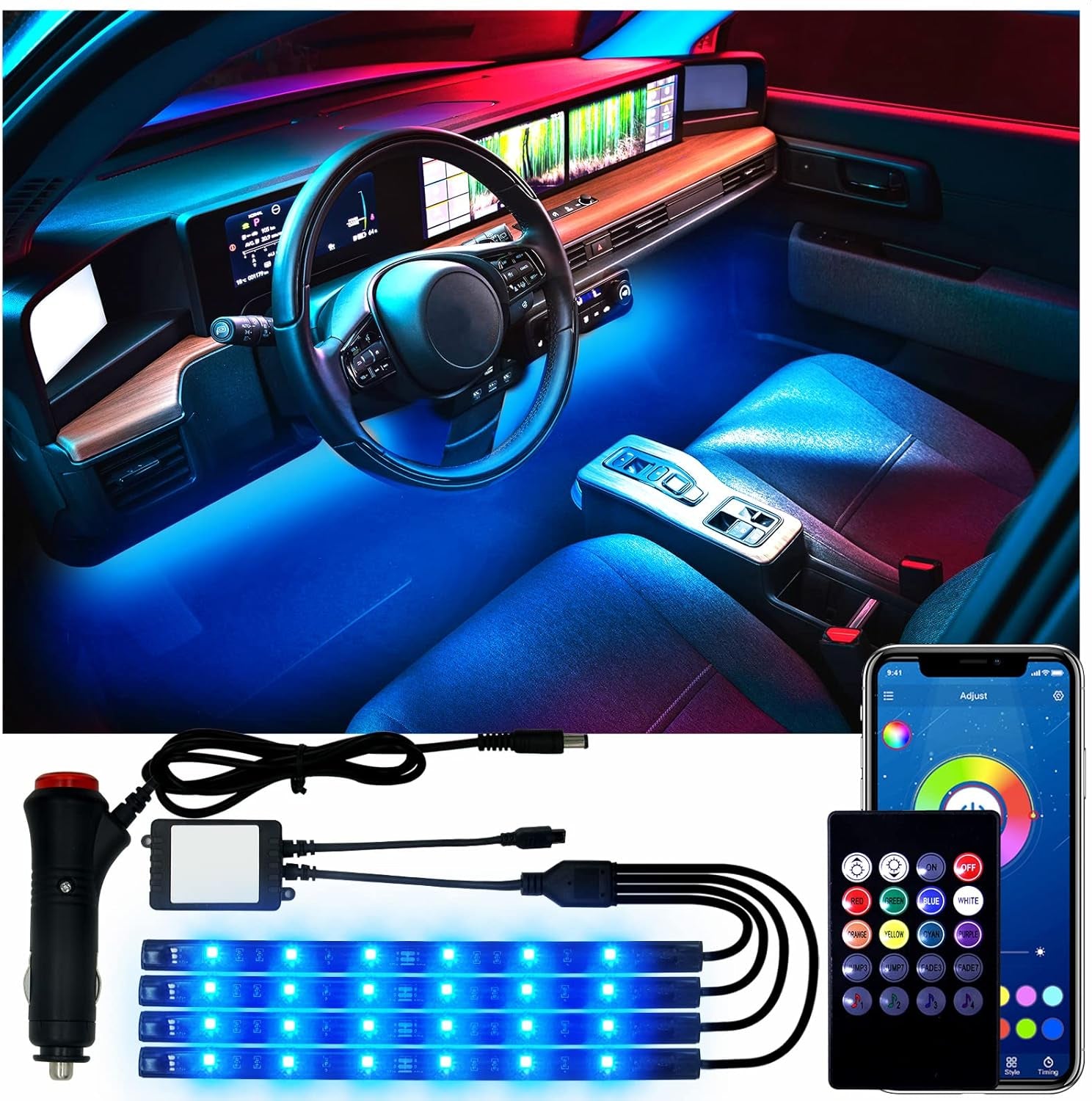 Car LED Lights, Smart Interior Car Lights with App Control, RGB inside Car Lights with DIY Mode and Music Mode, 2 Lines Design LED Lights for Cars with Car Charger, DC 12V